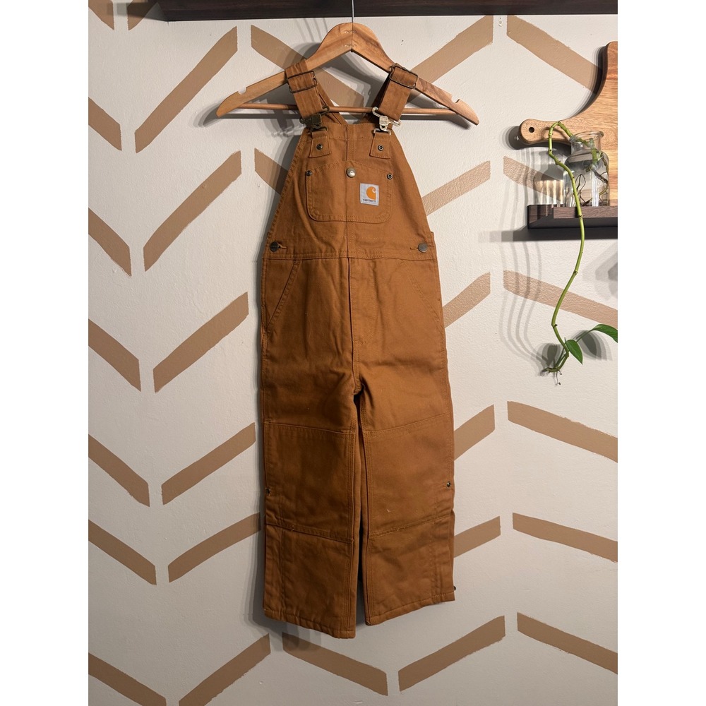 Carhartt Bib Overalls Kids Size 4 Brown Duck Canvas Quilt Lined Double Knee